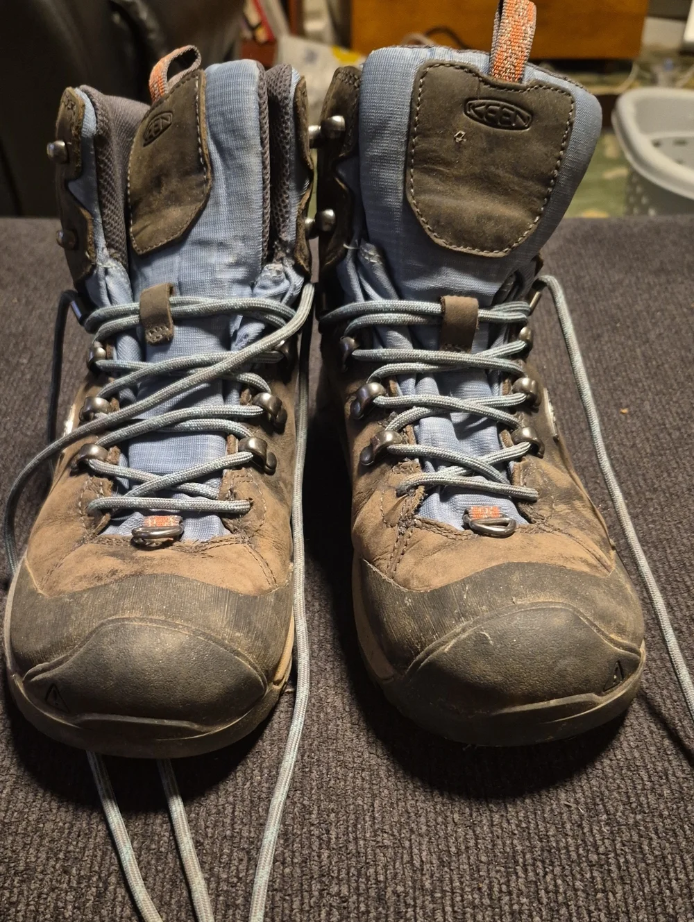 KEEN Brown and Blue Men's Waterproof Hiking Boots with Gray Laces